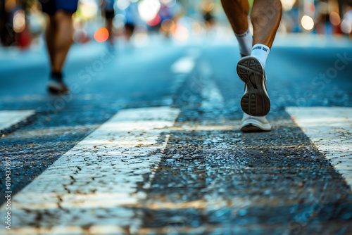 Highlight the determination of a marathon runner nearing the finish line