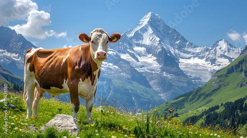A cow in the Swiss Alps  surrounded by green meadows and snowcapped mountains under clear blue skies.