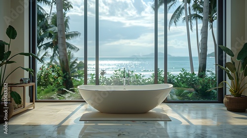 A large bathroom with an elegant bathtub overlooking the sea and palm trees, featuring panoramic windows that open to outdoor views of lush greenery and azure waters. 