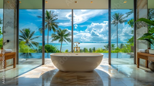 A large bathroom with an elegant bathtub overlooking the sea and palm trees  featuring panoramic windows that open to outdoor views of lush greenery and azure waters. 