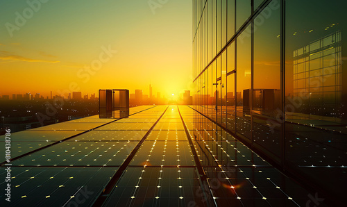 Frame the solar panels reflecting the golden rays of dawn