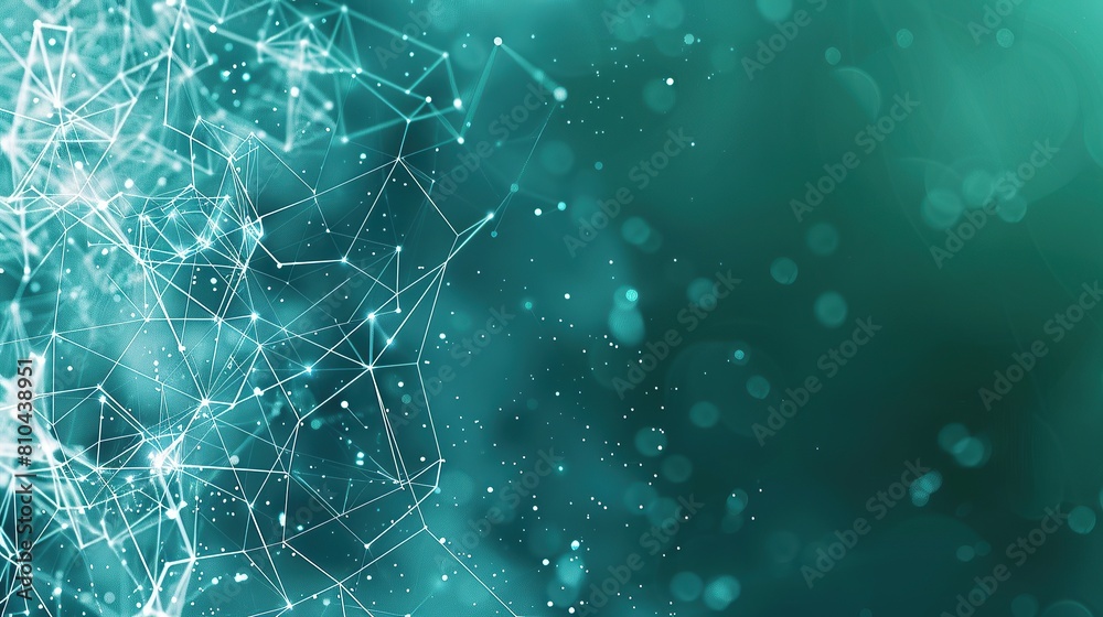 A soothing teal-colored backdrop with a dense network of white and blue glowing connections that create a serene plexus effect designed with a large area for text on the left A soothing teal-colored backdrop with a dense network of white and blue glowing connections that create a serene plexus effect designed with a large area for text on the left