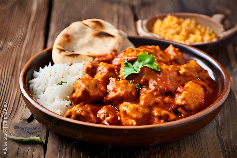 Chicken tikka masala spicy curry meat food in a clay plate with rice and naan bread on wooden background Chicken tikka masala spicy curry meat food in a clay plate with rice and naan bread on wooden background