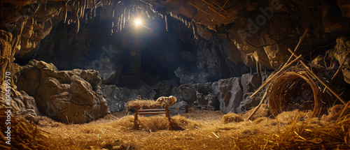 A cave, where a significant event took place, is filled with an empty manger and hay, illuminated by soft light from above. photo