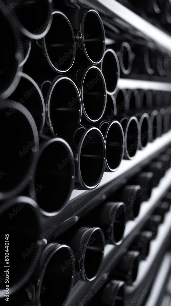A stack of stainless steel pipes in an industrial setting emphasizes their quality and elegance as they stand side by side against a dark background. A stack of stainless steel pipes in an industrial setting emphasizes their quality and elegance as they stand side by side against a dark background.