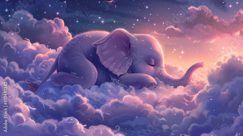 Cute little elephant sleeping on clouds  photo