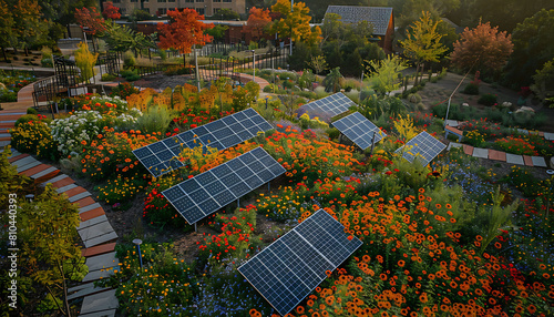 Highlight the vibrant colors of a community solar garden in bloom