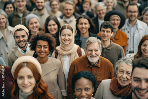 A large  diverse group of people smile and look at the camera in an open space.