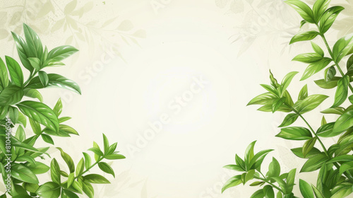 A beautiful and simplistic frame of fresh green leaves on a soft beige background.