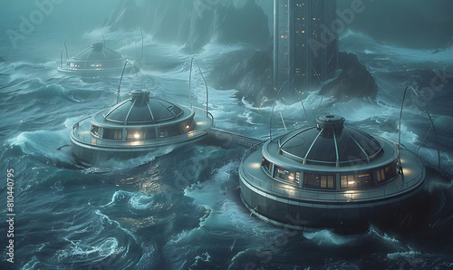 Embrace the futuristic sight of tidal turbines amidst swirling waters