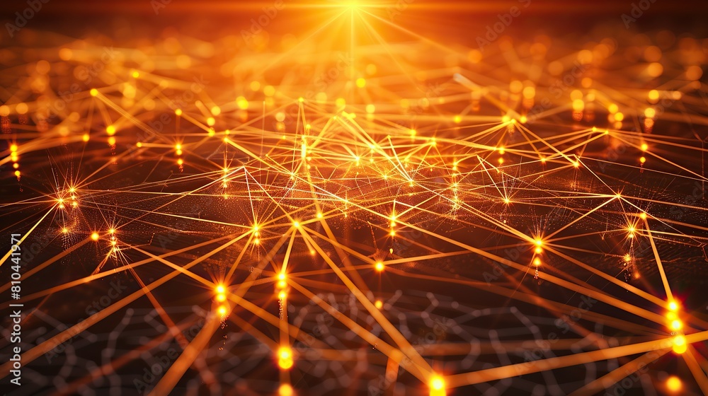 Fototapeta premium A sprawling network of orange and yellow light points connected by thin radiant beams over a shadowy backdrop specifically leaving the lower half for text placement