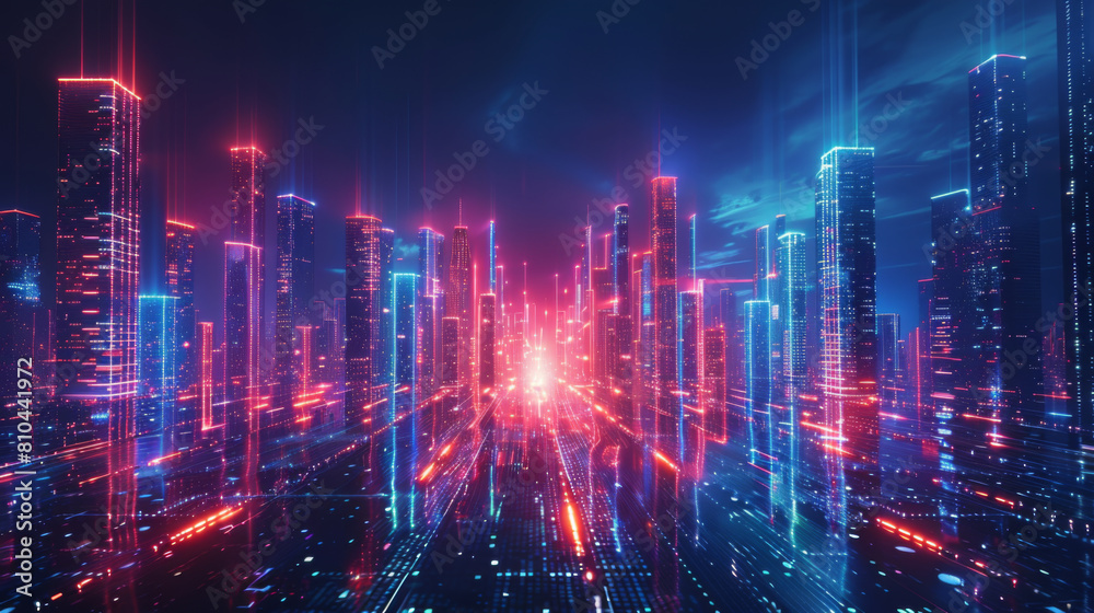 Dynamic and futuristic cityscape with intense neon lights and a high-tech urban atmosphere.