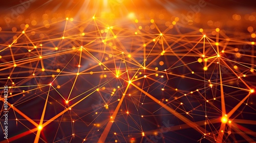 A sprawling network of orange and yellow light points connected by thin radiant beams over a shadowy backdrop specifically leaving the lower half for text placement