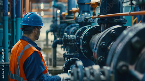 Male worker at water supply station inspects water pump valves equipment in at a large industrial estate. Water pipes. Industrial plumbing. 