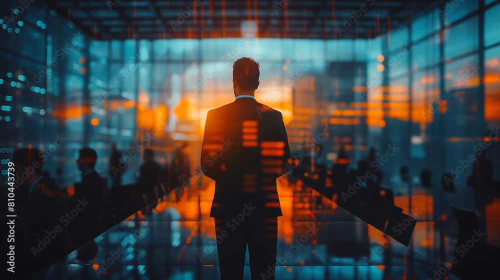 Futuristic Business Leadership: Silhouette of a Poised Businessman in a High-Tech Corporate Office, Glass Reflection, Offering Innovative Solutions for Success, Powerful Businessman, Back View