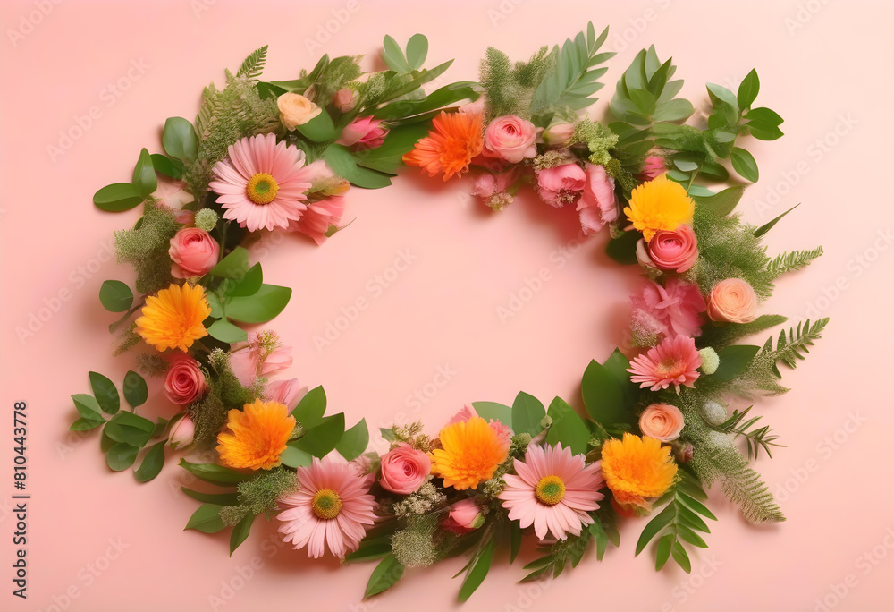 A flat lay of a wreath made of flowers and green leaves on a pale pink background