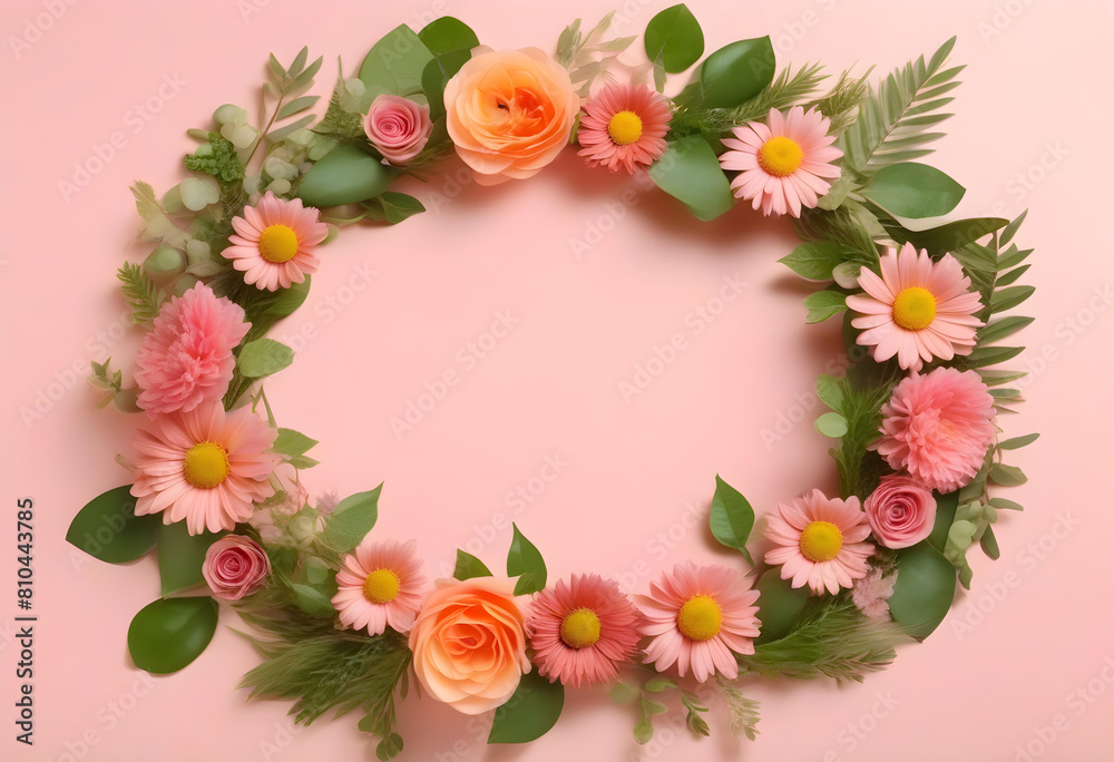 A wreath made of pink flowers and green leaves on a pale pink background