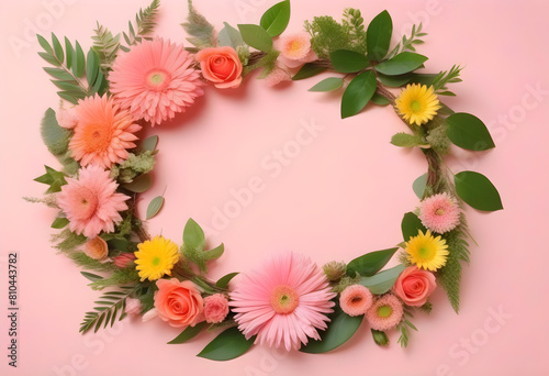 A wreath made of flowers and green leaves on a pale pink background