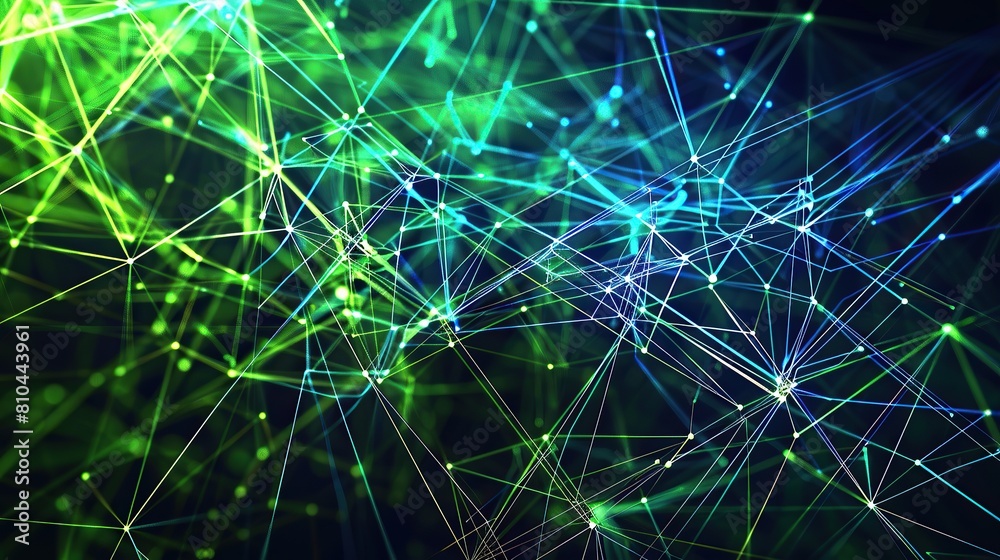 A vibrant and energetic plexus of neon green and blue lines forming a digital mesh on a dark background designed with a large open area on the right for text A vibrant and energetic plexus of neon green and blue lines forming a digital mesh on a dark background designed with a large open area on the right for text
