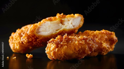 Chicken fingers against a black background, with one piece cut in half to reveal the interior texture. The bright and natural lighting highlights the golden brown coloring and soft textures. photo