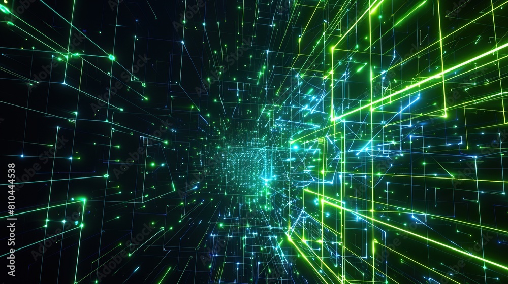 A vibrant and energetic plexus of neon green and blue lines forming a digital mesh on a dark background designed with a large open area on the right for text A vibrant and energetic plexus of neon green and blue lines forming a digital mesh on a dark background designed with a large open area on the right for text