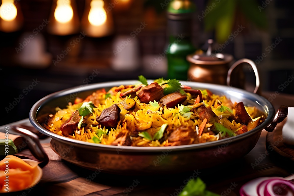 high quality photography of Indian biriyani on restaurant background. Indian food concept. high quality photography of Indian biriyani on restaurant background. Indian food concept.
