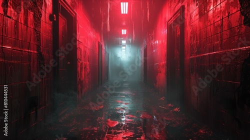 A dark hallway with red walls and a red light