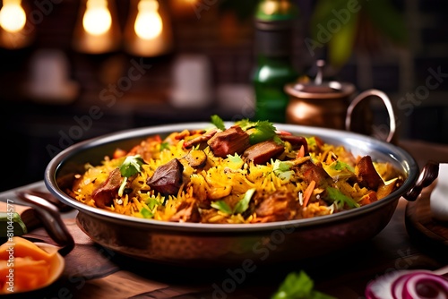 high quality photography of Indian biriyani on restaurant background. Indian food concept.