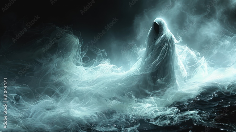 A ghostly figure is floating in the water, surrounded by mist A ghostly figure is floating in the water, surrounded by mist