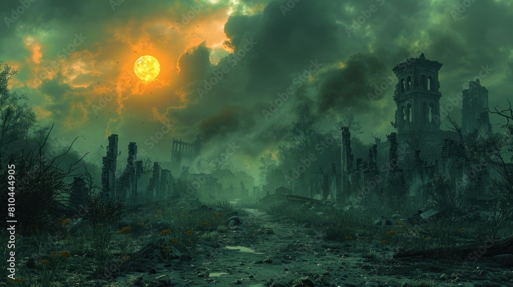 Fototapeta premium A desolate landscape with a large sun in the sky