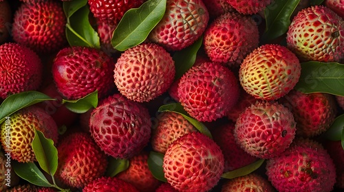 A pile of fresh lychees, red in color and with green leaves on top, is displayed against the background. freshness and deliciousness photo