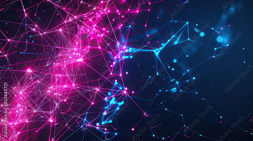 A vibrant backdrop of neon pink and electric blue nodes interconnected by fluorescent lines on a dark background optimized for high-definition with space for text on the lower left side A vibrant backdrop of neon pink and electric blue nodes interconnected by fluorescent lines on a dark background optimized for high-definition with space for text on the lower left side