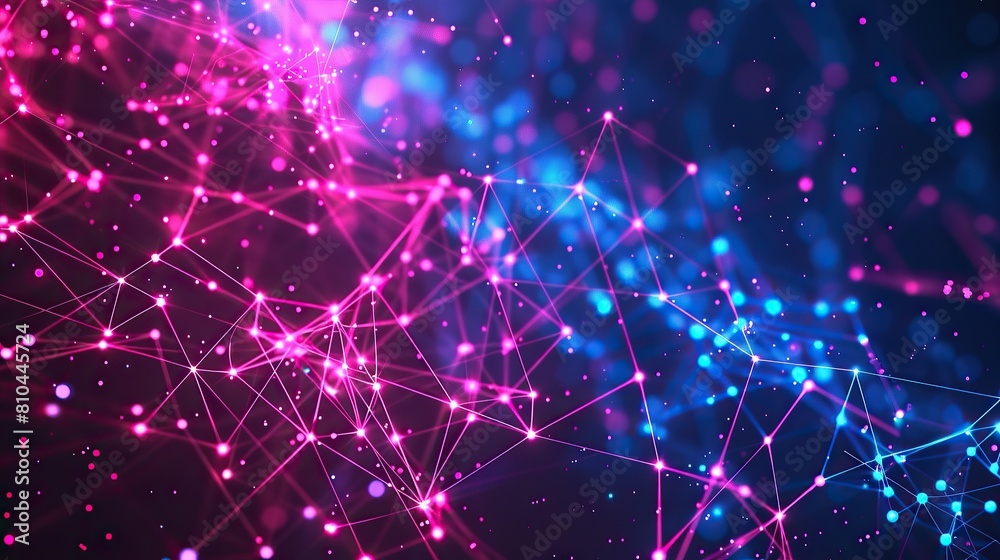 A vibrant backdrop of neon pink and electric blue nodes interconnected by fluorescent lines on a dark background optimized for high-definition with space for text on the lower left side A vibrant backdrop of neon pink and electric blue nodes interconnected by fluorescent lines on a dark background optimized for high-definition with space for text on the lower left side
