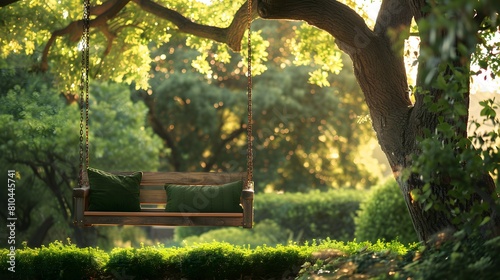 A wooden porch swing hanging from the tree, surrounded by lush greenery and plants in an outdoor garden setting. The scene is bathed in soft sunlight, creating a tranquil atmosphere with a cozy vibe. 