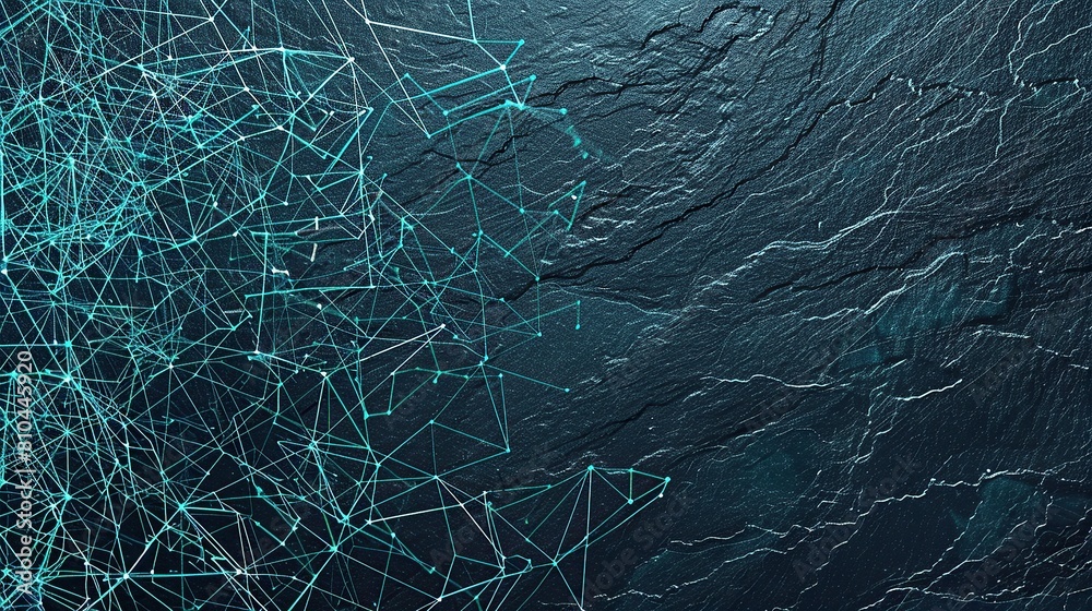A vibrant display of interconnected cyan and electric blue lines forming a digital mesh over a dark slate background with a clear space for text on the left side A vibrant display of interconnected cyan and electric blue lines forming a digital mesh over a dark slate background with a clear space for text on the left side