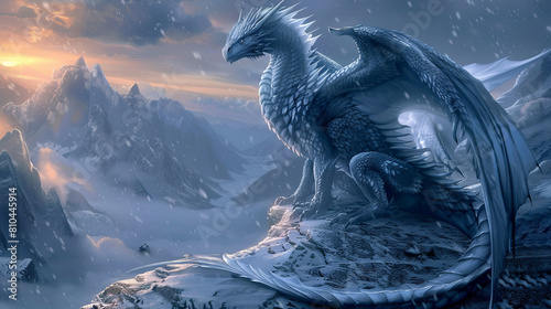 A majestic ice dragon rests atop a snowy mountain peak, overlooking a frosty landscape under a cloudy sky.