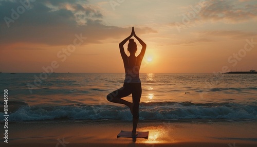 woman practicing yoga on the beach at sunset demonstrating balance and serenity in a peaceful setting Concept of health and wellness