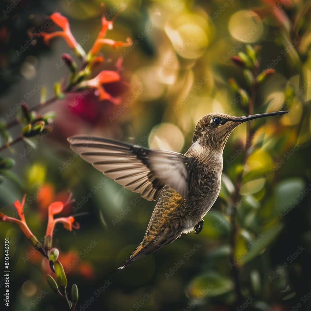 Hummingbird in Flight Amongst Vibrant Flowers Hummingbird in Flight Amongst Vibrant Flowers