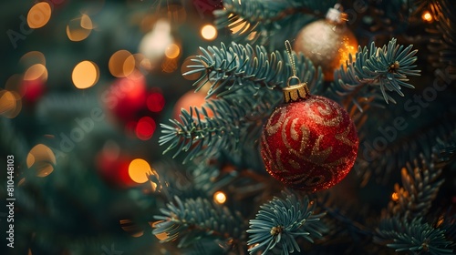 Christmas tree with decorations and bokeh lights on blurred background  closeup. Christmas concept.