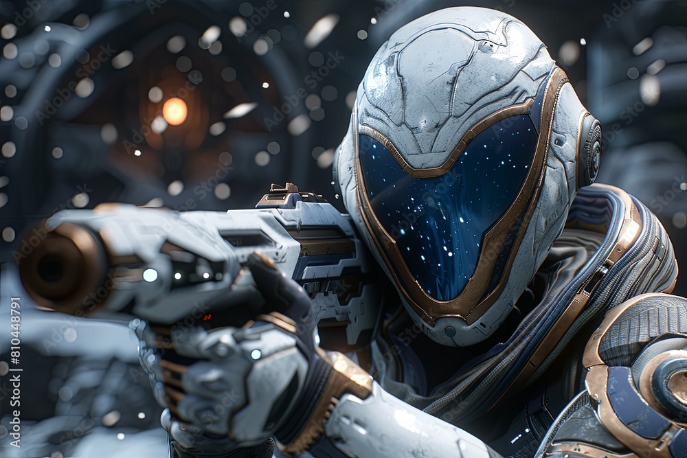 Fototapeta premium Future Warrior: Exquisite Figure Wielding Advanced Armament in Intricate Digital Artistry