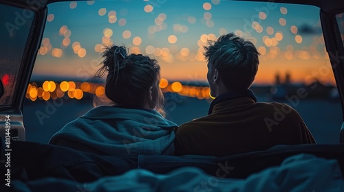 An advertisement for a movie. A couple is sitting in a car, watching a movie on a drive-in movie theater. The stars are out and the