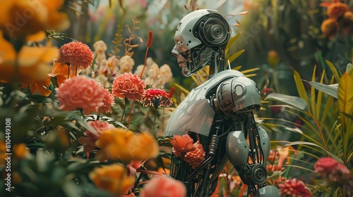 Craft a photorealistic portrayal of a robotic dancer executing a flawless routine within a surreal garden