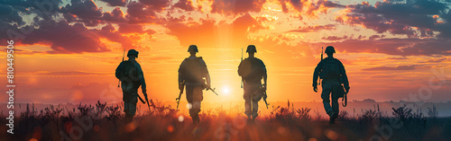 Soldiers standing together by the warm embrace bravery teamwork sun on a background
 photo