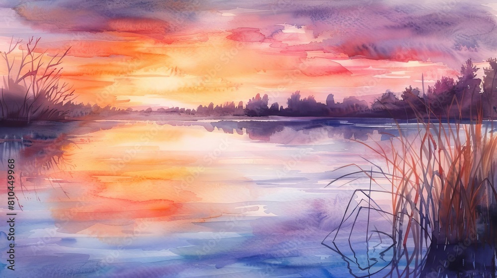 Lakeside sunset in watercolors, tranquil, soft, reflective, soothing, picturesque, watercolor art of a tranquil lake reflecting the soft colors of the sunset concept, high resoluti Lakeside sunset in watercolors, tranquil, soft, reflective, soothing, picturesque, watercolor art of a tranquil lake reflecting the soft colors of the sunset concept, high resoluti