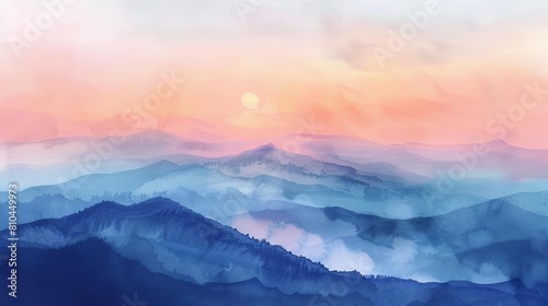 Mountain sunset in watercolors, peaceful, ethereal, subtle, soft, panoramic, gentle watercolor strokes capturing a mountain range bathed in sunset colors concept, high resolution.