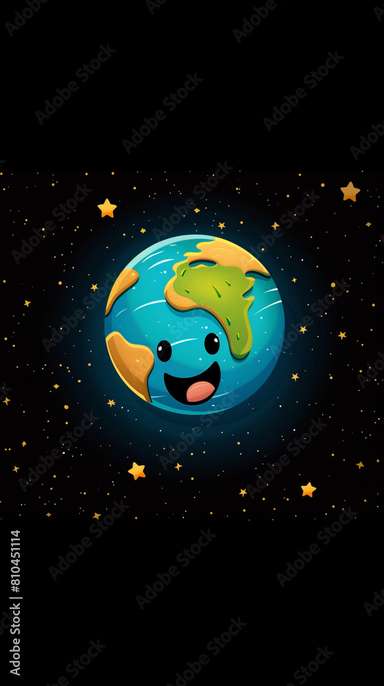 Fototapeta premium This 3D rendering depicts the Earth with a charming cartoon face against a starry sky background, rendered in a colorful and playful style. The Earth is portrayed with a cute expression
