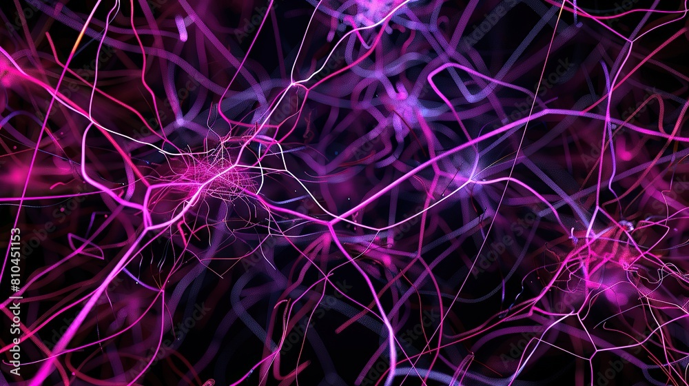 A visually striking plexus of magenta and violet lines and nodes that twist and turn on a jet-black background including a significant amount of copy space for text integration A visually striking plexus of magenta and violet lines and nodes that twist and turn on a jet-black background including a significant amount of copy space for text integration