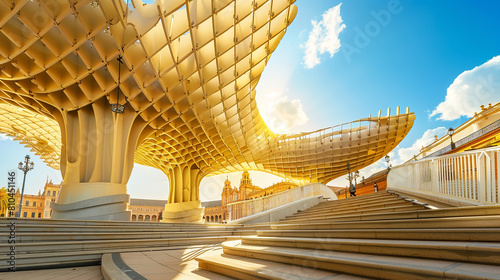 Contemporary symmetrical metropol parasol structure under sunny sky of seville in spain abstract background