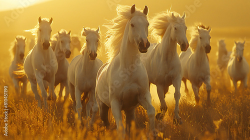 A Stunning Group of White Horses Galloping Through a Golden Field at Sunset photo