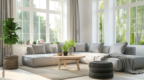 Interior of light living room with grey sofas, coffee table and large window. Generative Ai photo